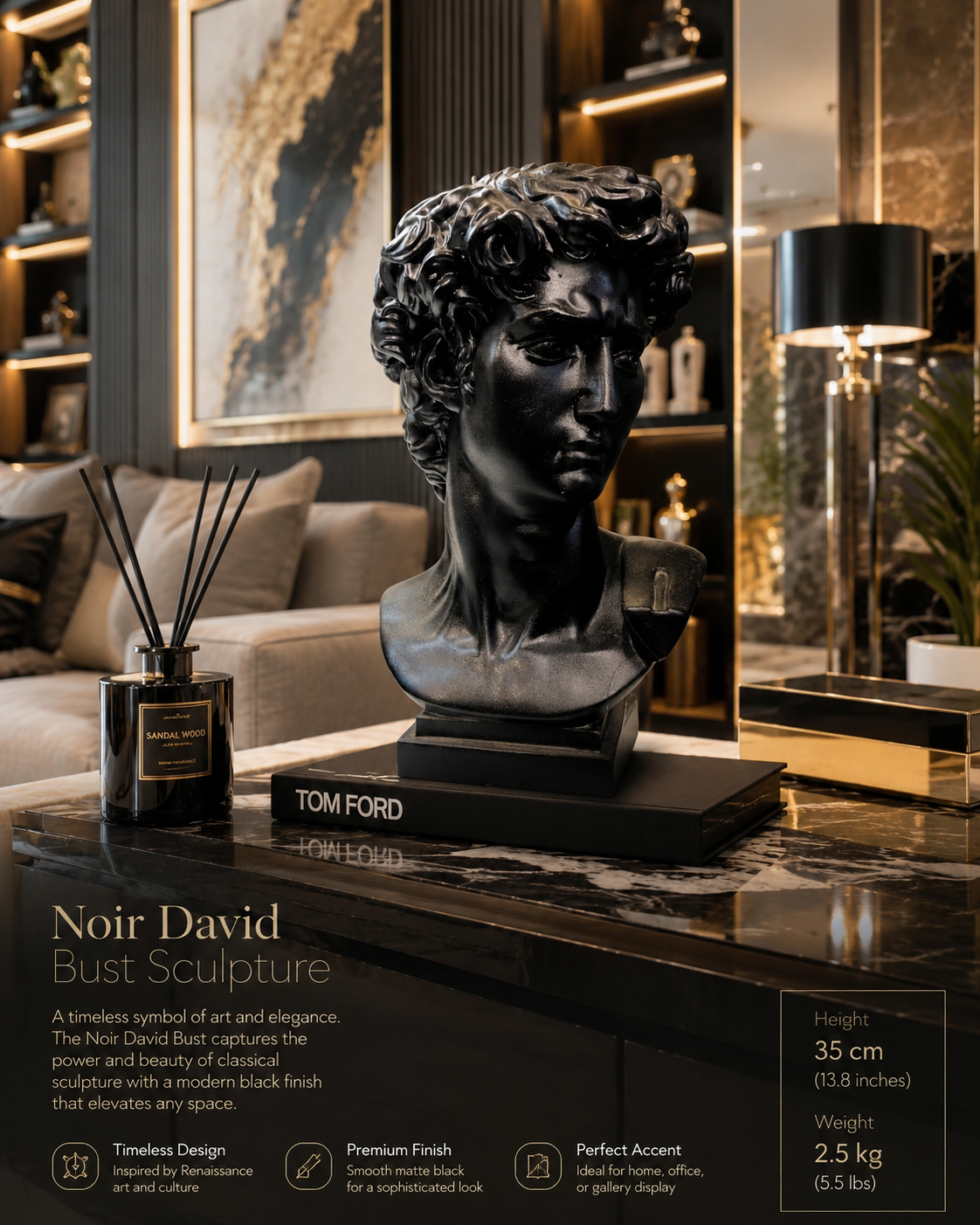 Noir David Bust Classical Renaissance Sculpture