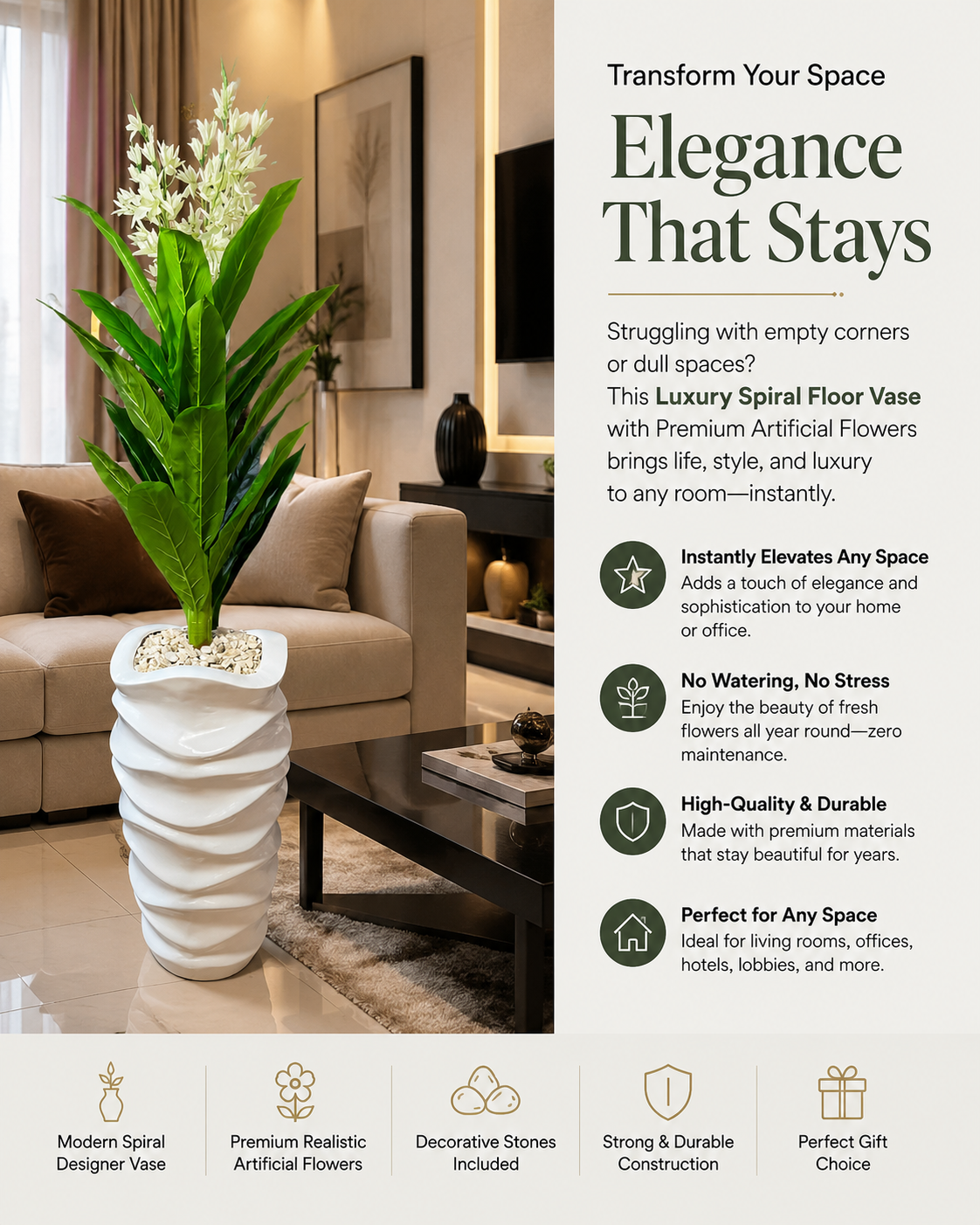 White Spiral Floor Vase with Premium Artificial Flowers