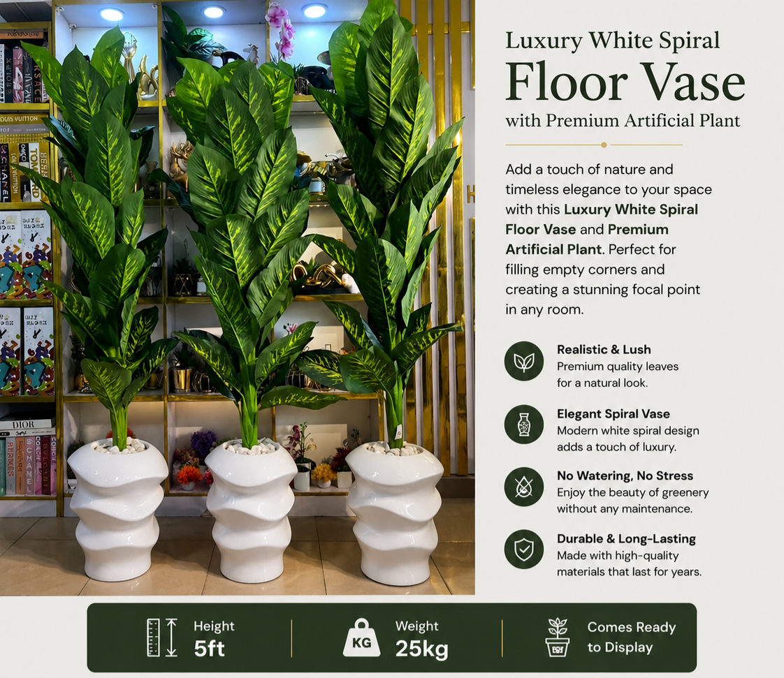 Luxury White Spiral Floor Plant medium Fibre vase