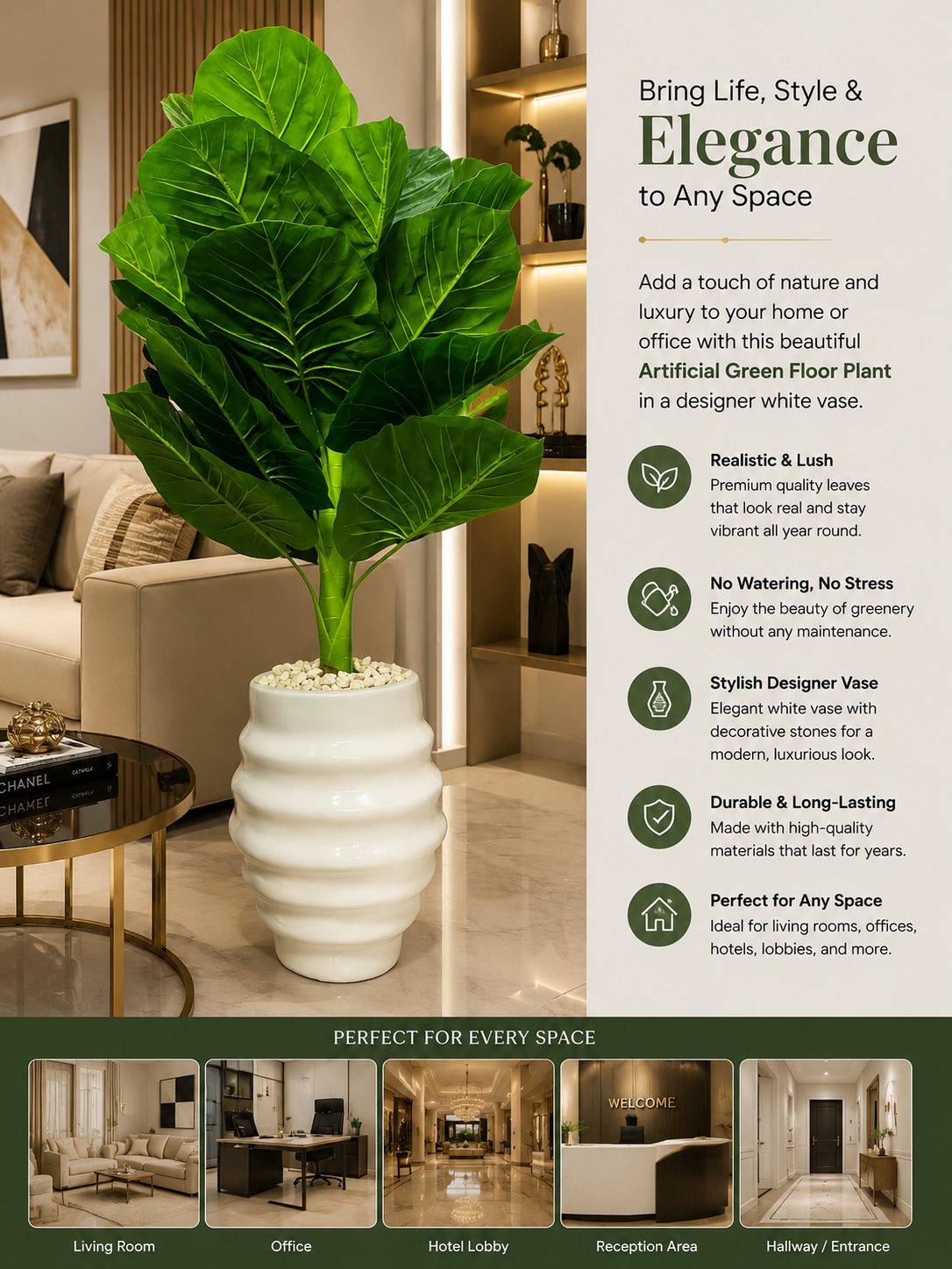 Artificial Green Flower Plant with Designer White Vase