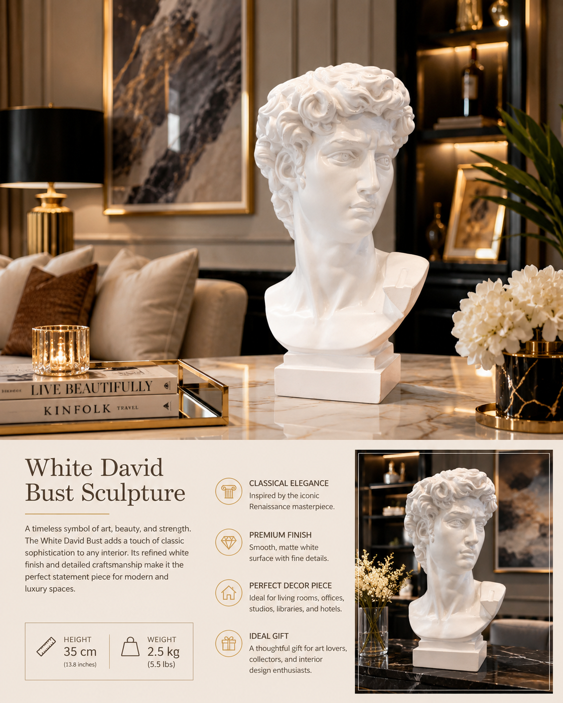 white David Bust Sculpture.